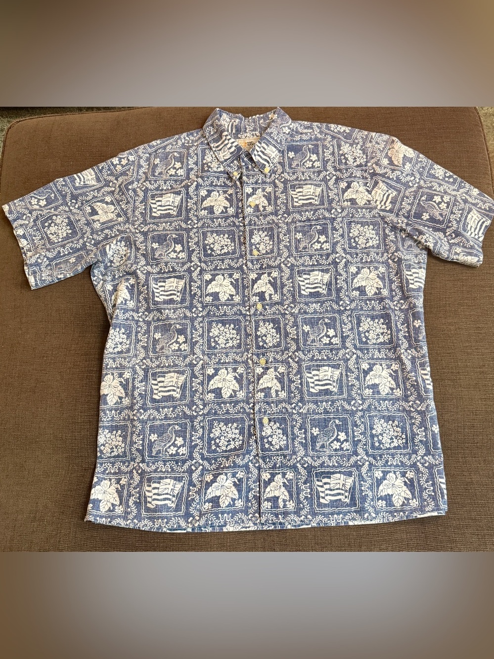 reyn spooner Blue Button-Up Shirt with Beige Tropical Print XXL